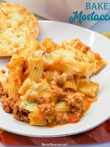 Mostaccioli bake is a hearty Italian casserole made with pasta, sausage, tomato sauce, cheese, and lots of seasoning.