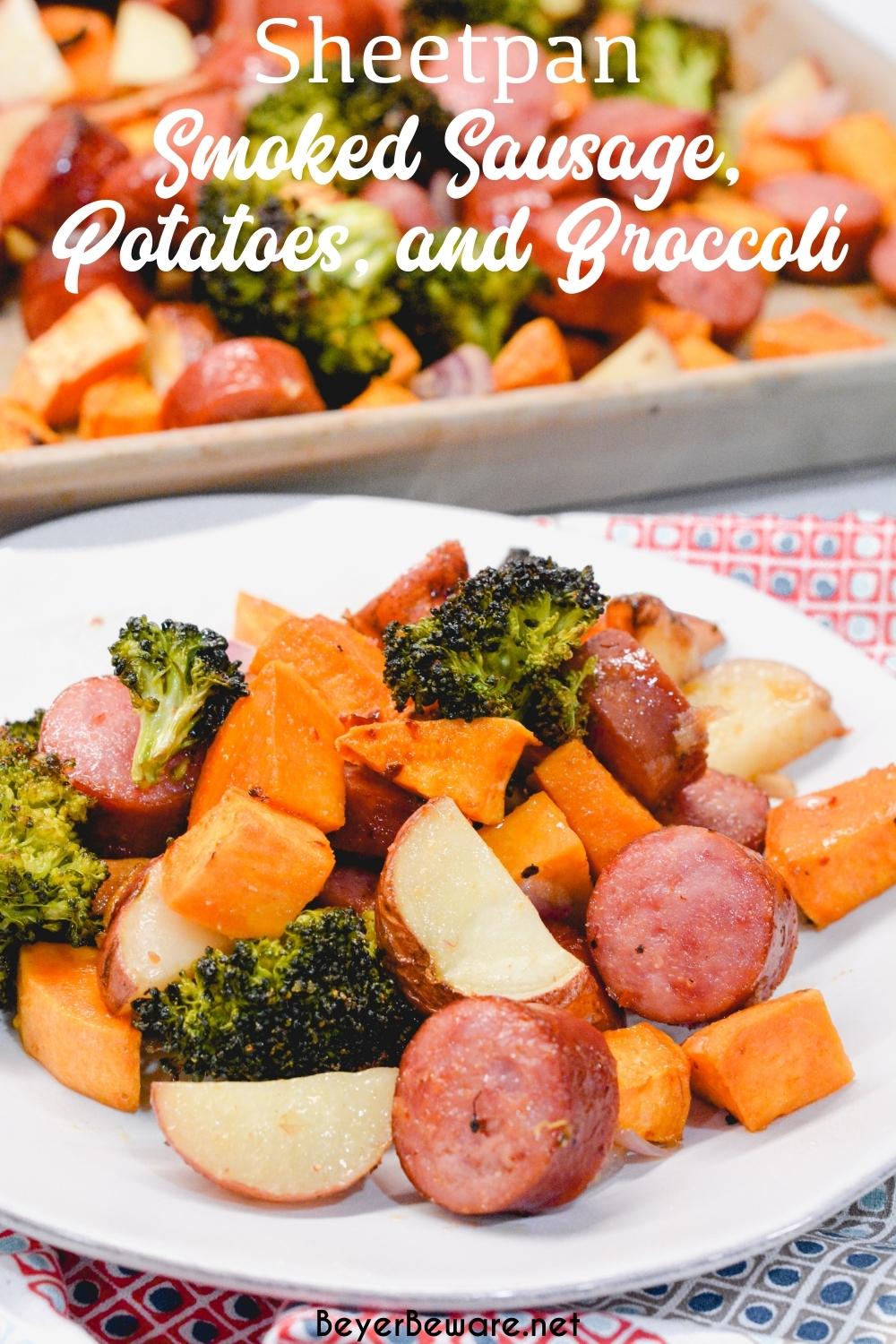 Sheet pan smoked sausage, potatoes, and broccoli is a simple oven roasted sausage and sweet potatoes meal that is full of flavors from onions and garlic and roasted in 30 minutes.