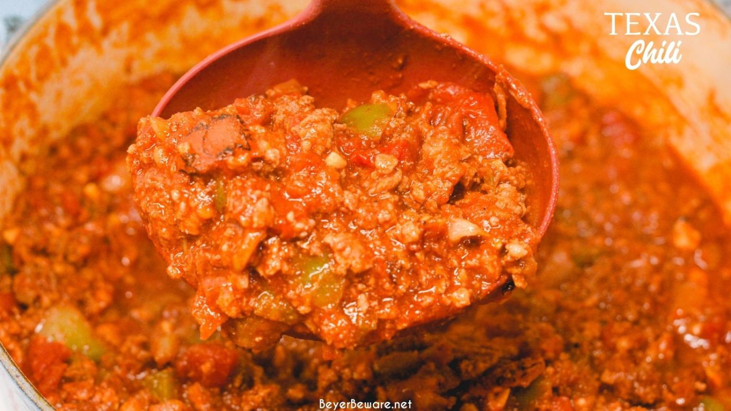 Texas chili is loaded with beef, peppers, and heat while it doesn't have been or pasta in the chili.