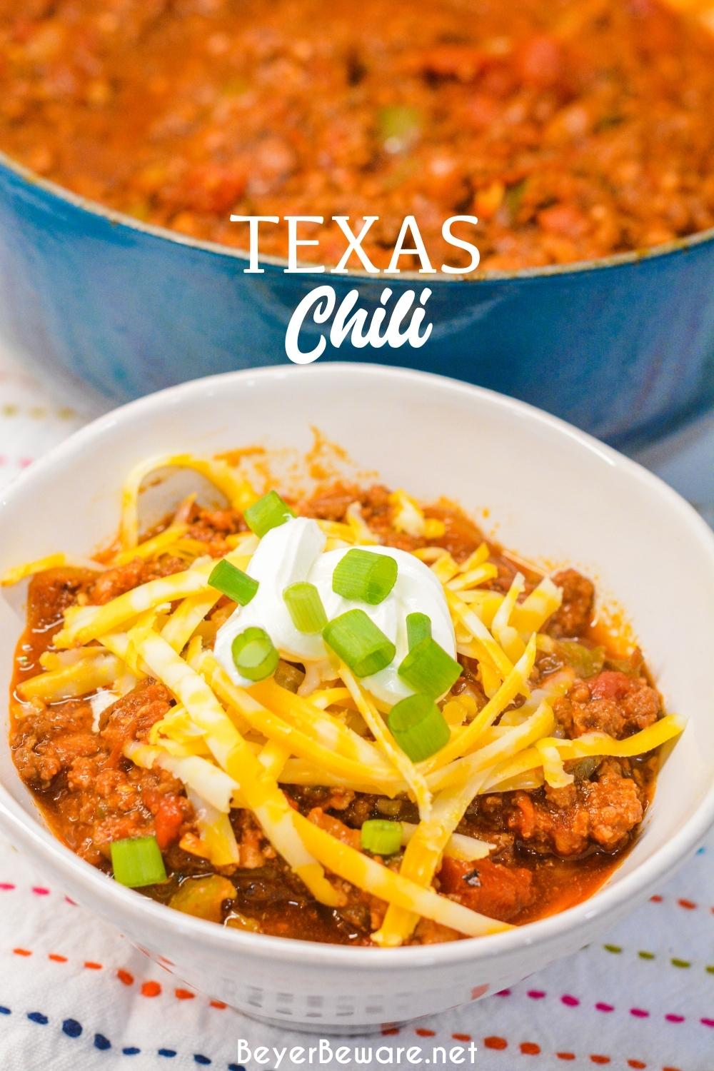 Texas chili is loaded with beef, peppers, and heat while it doesn't have been or pasta in the chili.