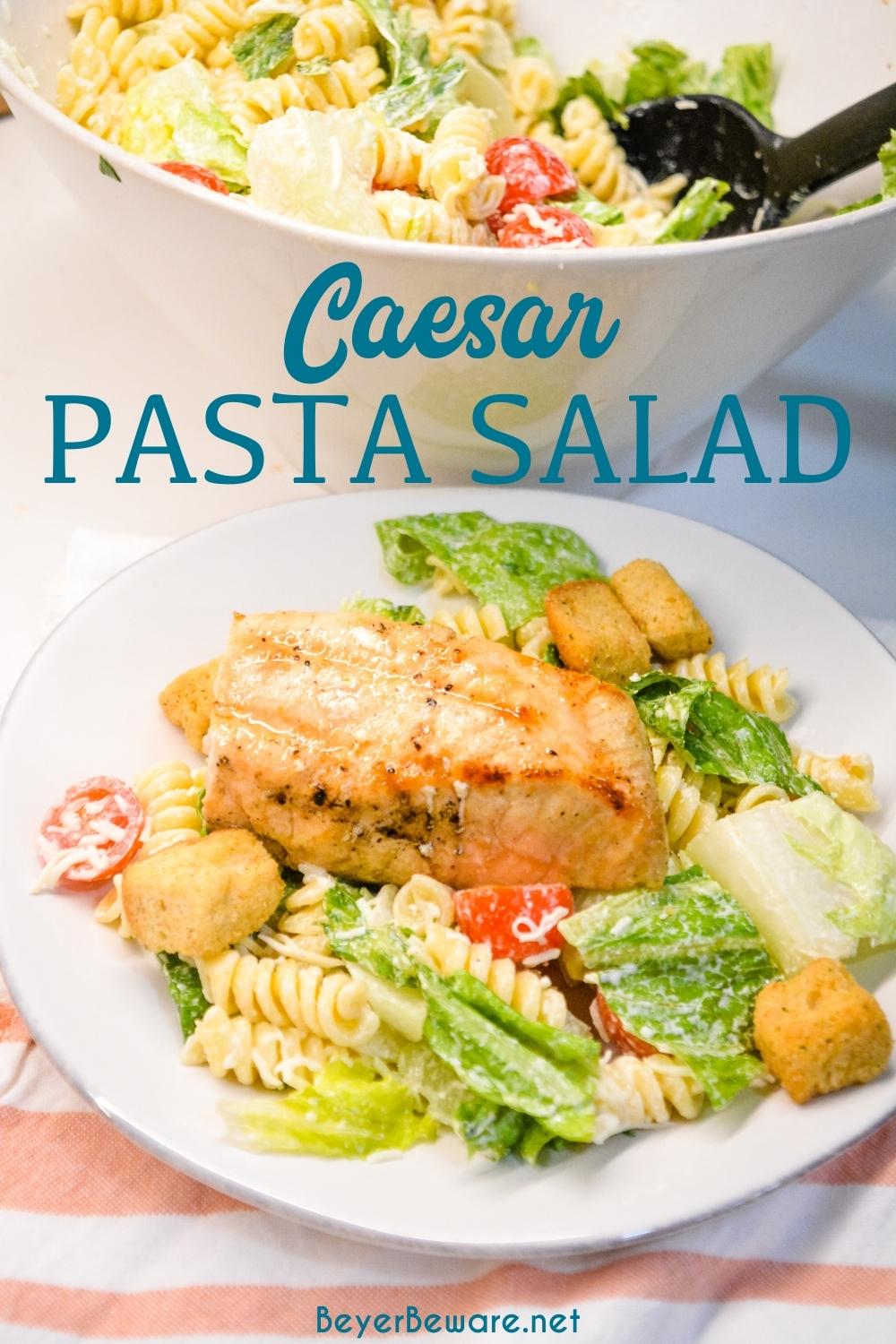 Caesar Pasta Salad is a great side salad or base for grilled chicken or salmon and is easily put together with romaine lettuce, pasta, cherry tomatoes, parmesan cheese, croutons, and Caesar salad dressing. 