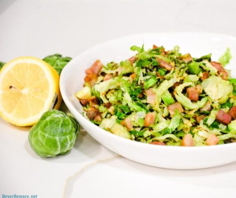 Shaved Brussels Sprouts with bacon sautéed on the stovetop and finished off with some lemon juice is the fastest way to make Brussels sprouts side dishes.
