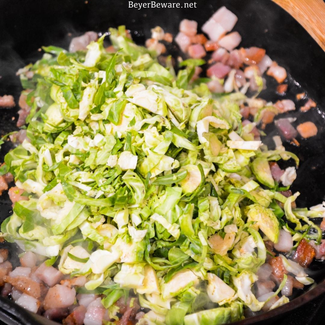 Shaved Brussels Sprouts with bacon sautéed on the stovetop and finished off with some lemon juice is the fastest way to make Brussels sprouts side dishes.