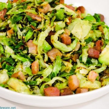 Shaved Brussels Sprouts with bacon sautéed on the stovetop and finished off with some lemon juice is the fastest way to make Brussels sprouts side dishes.