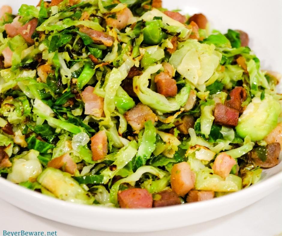 Shaved Brussels Sprouts with bacon sautéed on the stovetop and finished off with some lemon juice is the fastest way to make Brussels sprouts side dishes.