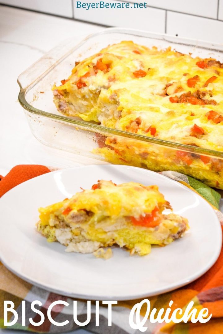 The Biscuit Quiche Recipe is easy to make with just refrigerator biscuits, breakfast sausage, bell peppers, onions, cheese and scrambled eggs. 