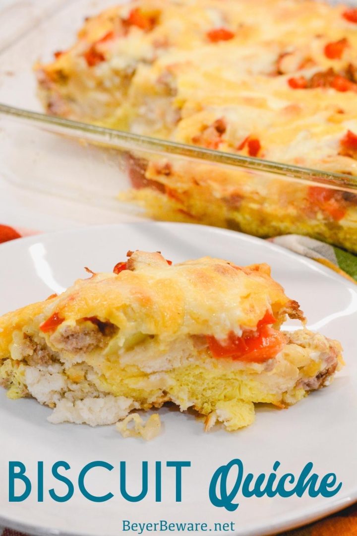 The Biscuit Quiche Recipe is easy to make with just refrigerator biscuits, breakfast sausage, bell peppers, onions, cheese and scrambled eggs. 