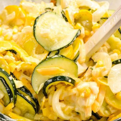 Stir together the mayonnaise, sour cream, cheddar cheese, eggs, and seasonings. Then stir in the squash saute with the corn, breadcrumbs, and parmesan cheese.