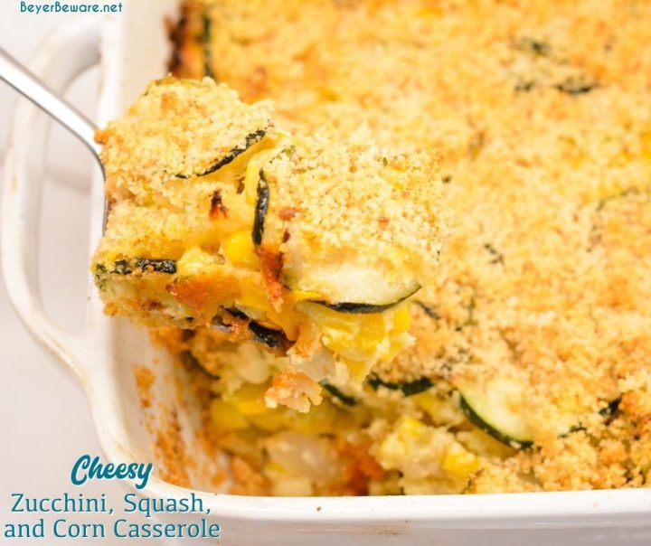 One of the ultimate zucchini casseroles I have made is this cheesy zucchini, squash, and corn casserole with a creamy cheesy inside and crisp breadcrumb topping.