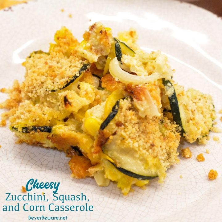 One of the ultimate zucchini casseroles I have made is this cheesy zucchini, squash, and corn casserole with a creamy cheesy inside and crisp breadcrumb topping.