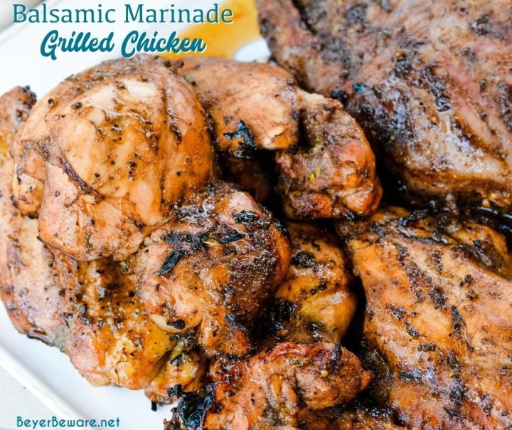 This balsamic chicken marinade is so easy to make and tastes so good on chicken but might actually be a better balsamic steak marinade. It is a five-ingredient marinade that is perfect for grilled chicken or steak to top off a fresh summer salad.