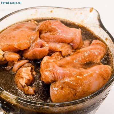 Either drop the chicken into the bowl of balsamic marinade if there is room to add it or place the steak and chicken in another container or bag.