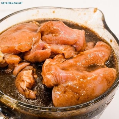 Either drop the chicken into the bowl  of balsamic marinade if there is room to add it or place the steak and chicken in another container or bag.