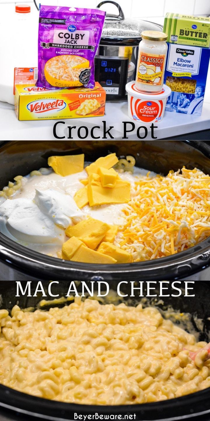 A creamy crock pot mac and cheese recipe made with velveeta that can be ready in two hours and let's you fix it and forget it on a busy night.