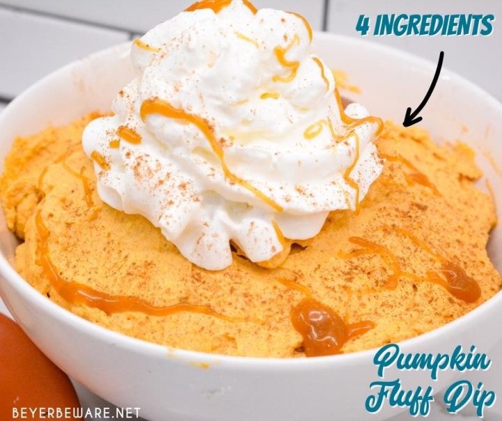 Pumpkin Fluff Dip is a simple recipe for the creamiest pumpkin dip made with whipped topping, canned pumpkin, vanilla pudding, and pumpkin pie spice.