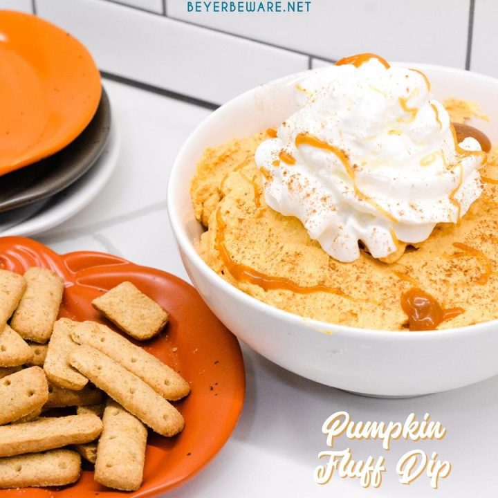 Pumpkin Fluff Dip is a simple recipe for the creamiest pumpkin dip made with whipped topping, canned pumpkin, vanilla pudding, and pumpkin pie spice.