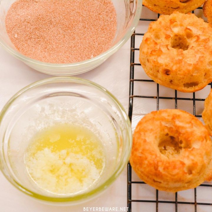 Top the apple cider donuts off with melted butter and cinnamon and sugar