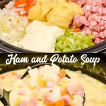 Crock pot ham and potato soup is slow-cooked all day in a base of carrots, celery, onions, and garlic along with diced potato hash browns, ham, and cream cheese to make a hearty soup dinner.