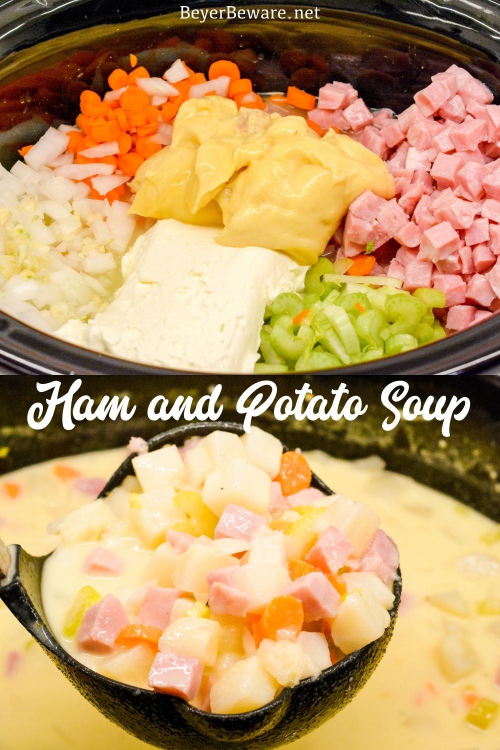 Crock pot ham and potato soup is slow-cooked all day in a base of carrots, celery, onions, and garlic along with diced potato hash browns, ham, and cream cheese to make a hearty soup dinner.