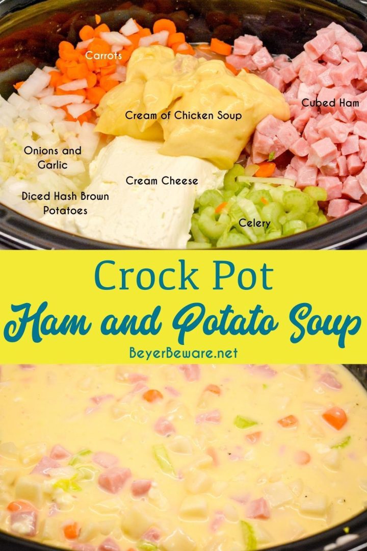 Crock pot ham and potato soup is slow-cooked all day in a base of carrots, celery, onions, and garlic along with diced potato hash browns, ham, and cream cheese to make a hearty soup dinner.