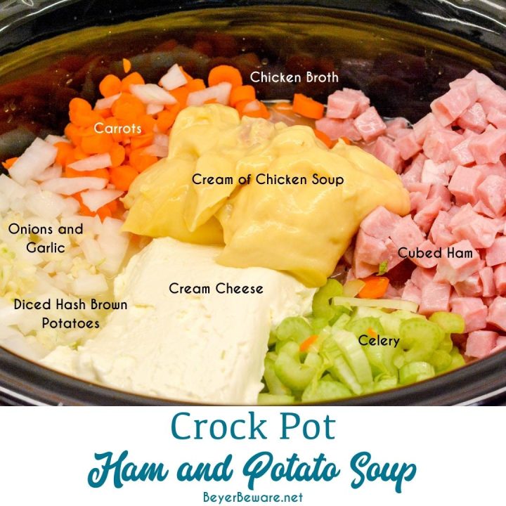 Crock pot ham and potato soup is slow-cooked all day in a base of carrots, celery, onions, and garlic along with diced potato hash browns, ham, and cream cheese to make a hearty soup dinner.