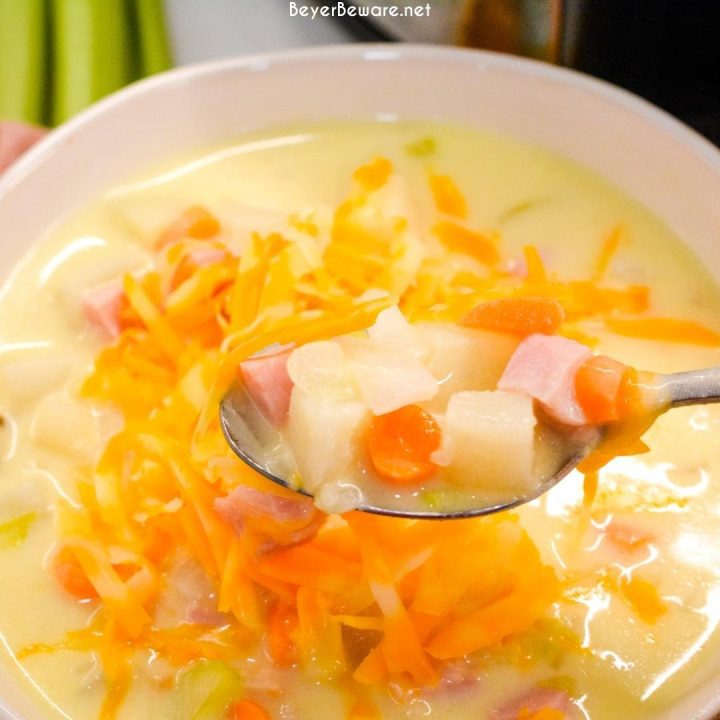 Crock pot potato and ham soup recipe is a creamy combination of diced potatoes or hash browns and ham, onions, carrots, and celery and slow cooked to bring out all the great flavors. 