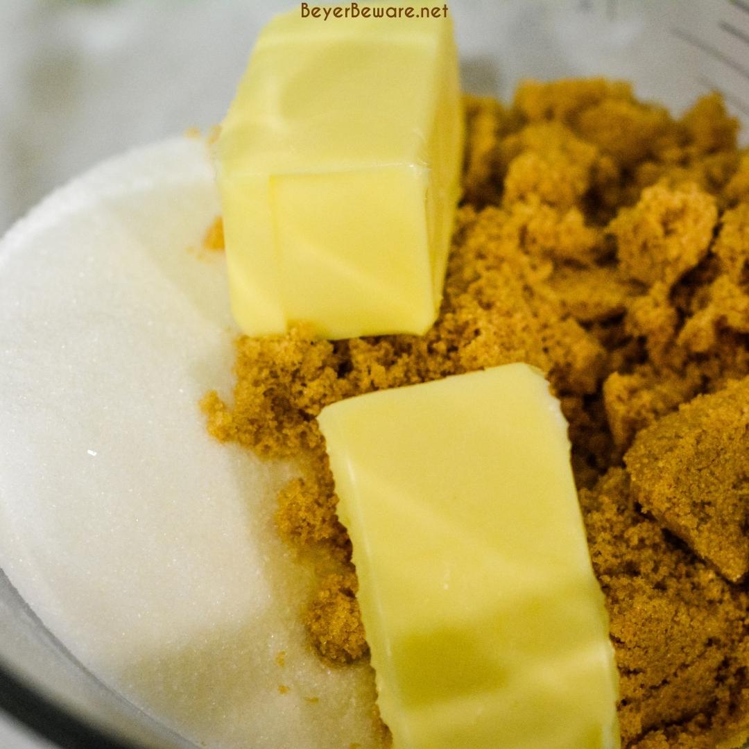 Cream the brown sugar and butter together in a separate bowl with a mixer.