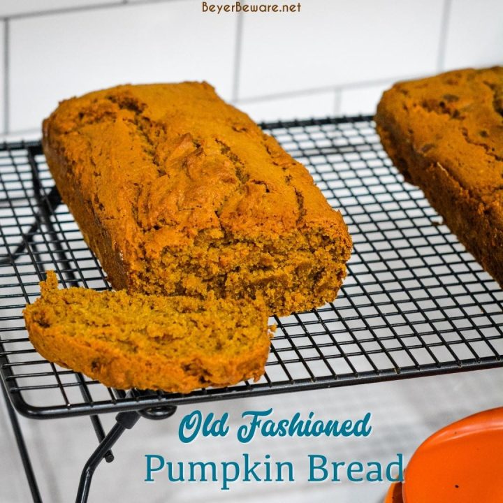 Old Fashioned Pumpkin Bread recipe is 2 loaves recipe that makes a moist pumpkin bread that can have chocolate chips added too.