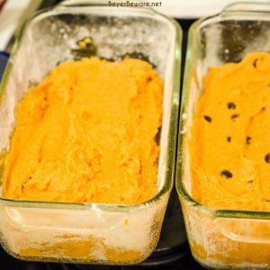 Pour into two greased and floured loaf pans. Bake at 325 degrees for 60-70 minutes or a cake tester comes out clean.