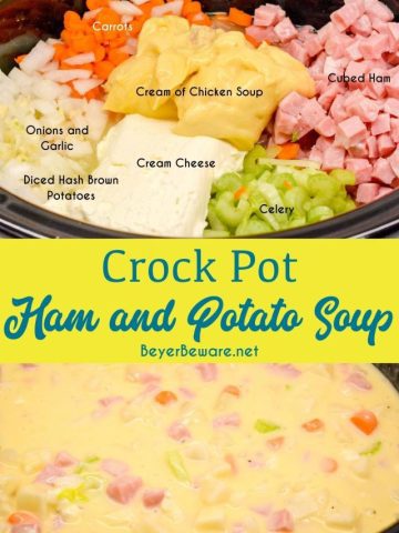 Crock pot ham and potato soup is slow-cooked all day in a base of carrots, celery, onions, and garlic along with diced potato hash browns, ham, and cream cheese to make a hearty soup dinner.