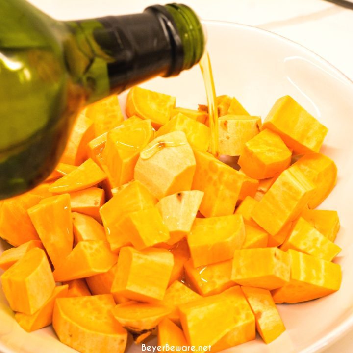 Drizzle sweet potatoes with oil and season with your choice of seasoning.