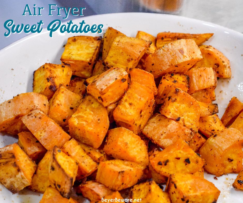 Air Fryer Sweet Potatoes are an easy cubed sweet potatoes in the air fryer made in under 15 minutes for a quick and easy side dish.