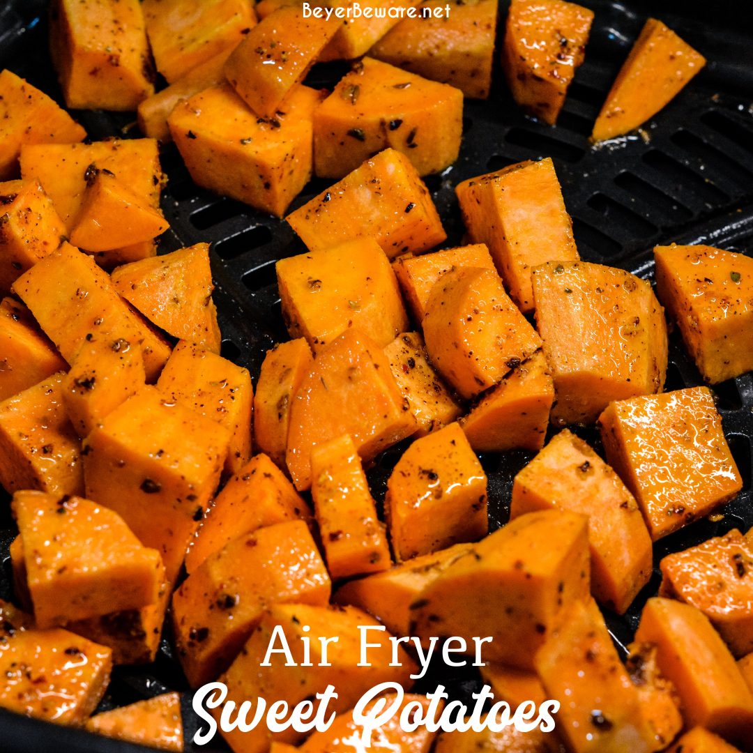 Air Fryer Sweet Potatoes are an easy cubed sweet potatoes in the air fryer made in under 15 minutes for a quick and easy side dish.