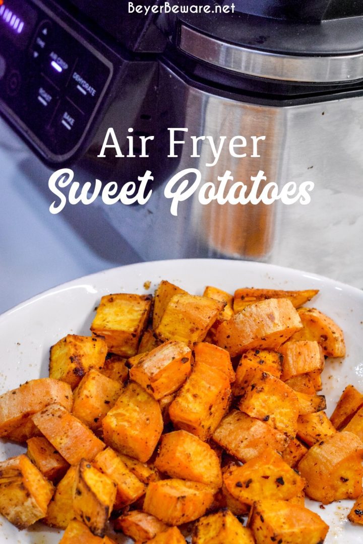 Air Fryer Sweet Potatoes are an easy cubed sweet potatoes in the air fryer made in under 15 minutes for a quick and easy side dish.