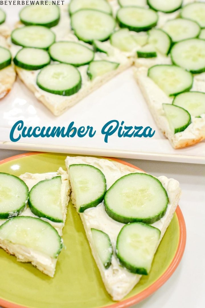 Cucumber pizza is a simple no-bake appetizer made with naan bread, cream cheese, Italian seasoning, and cucumbers cut into cucumber bites.