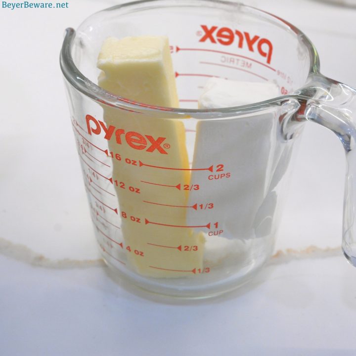 Start by melting the shortening and butter together. Microwaving them together works best.