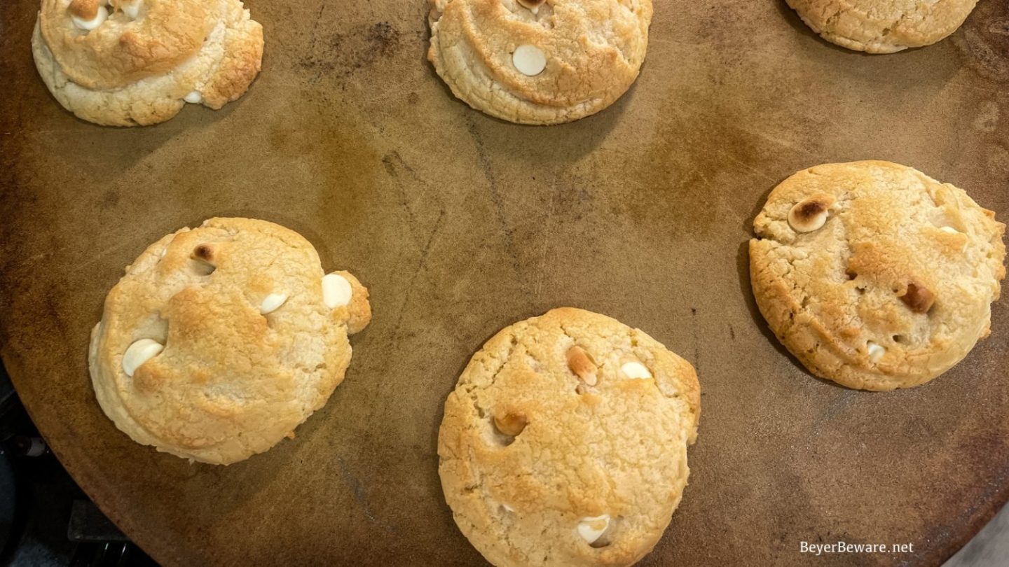 The softest white chocolate macadamia nut cookies you will make have butter, shortening, white chocolate chips, and instant pudding in them.