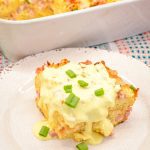 Eggs Benedict casserole that is made with English muffins, ham, eggs, and topped off with an easy blender hollandaise sauce.