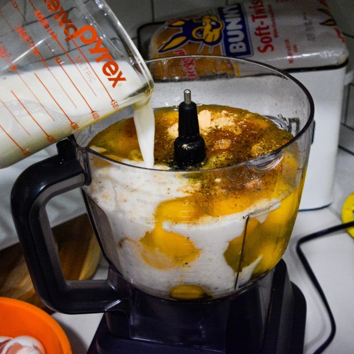 Combine all eggs, milk, and seasonings in the blender and pulse to scramble.