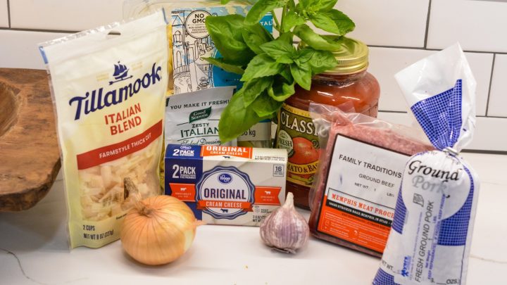 These ingredients for a simple red sauce and cheese tortellini casserole are pantry and freezer staples.
