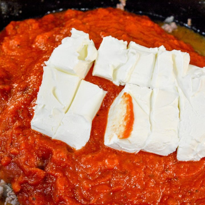 In a large Dutch Oven, pour the spaghetti sauce of the meat. Heat up over low heat, stirring in the zesty seasoning and cream cheese.