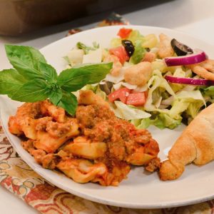 These ingredients for a simple red sauce and cheese tortellini casserole are pantry and freezer staples.