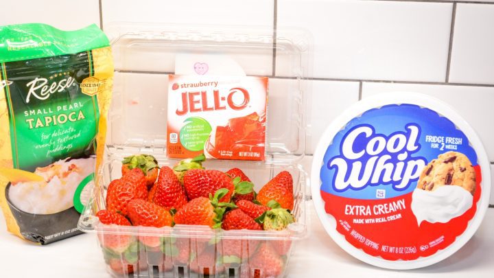 Here is what you need to make the pearl tapioca strawberry salad. Small pearl tapioca, strawberry jello, cool whip, and fresh strawberries.