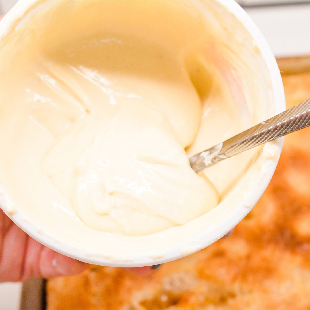 Mix the softened butter, cream, powdered sugar, and brown sugar together. Drizzle on pie.