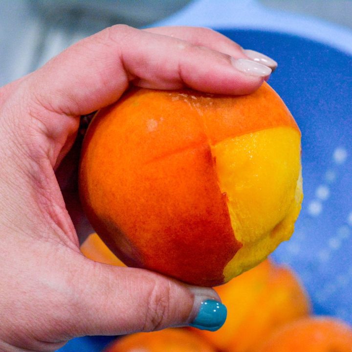 Peel and slice the peaches. Dunking the peaches in boiling water for 10-20 seconds and then ice water will help make peeling easier.