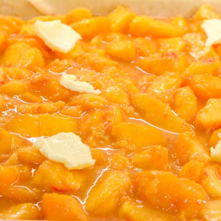 Dump the peach pie filling into the crust. Dot with the butter across the peach pie filling.