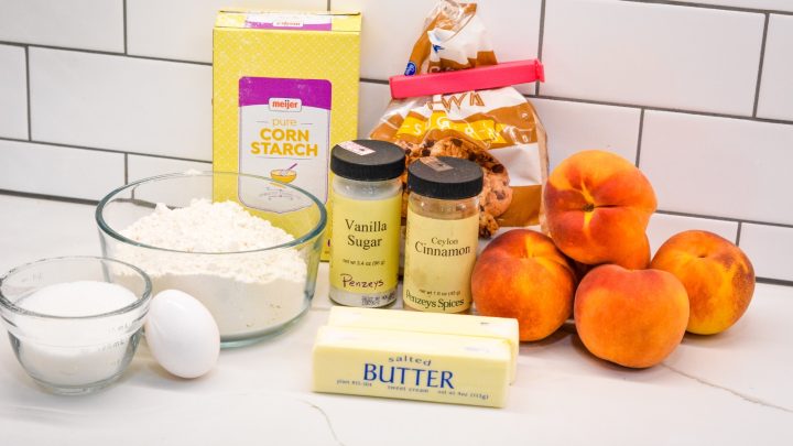 Peach Slab PIe Ingredients Flour
Butter
Sugar
Egg Yolks
Milk
Salt
Peaches
Vanilla Sugar
Cinnamon
Corn Starch
Bourbon
Cream