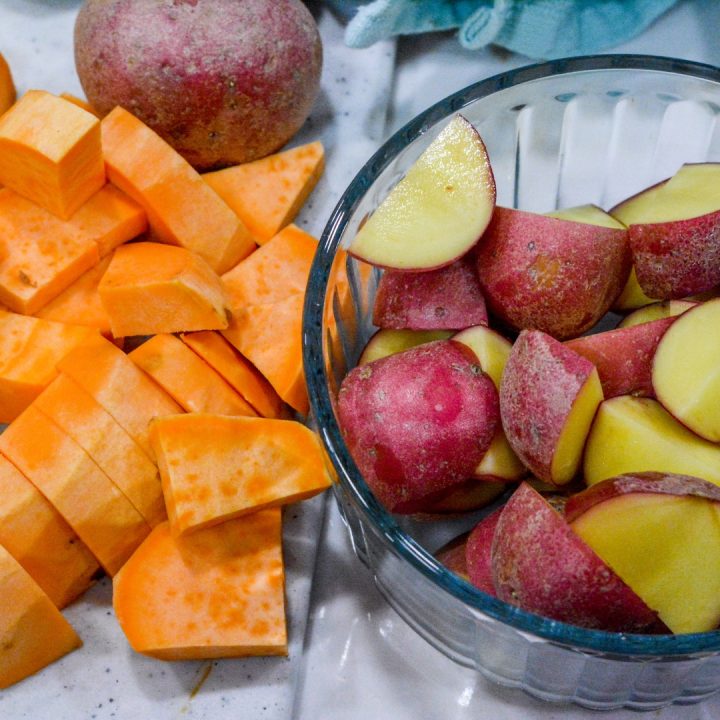 Peel and dice the sweet potatoes and just dice up the red potatoes. Make the sizes similar in shape and size.