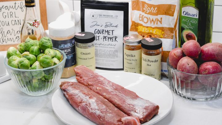 Sheet Pan Pork Tenderloin ingredients: Pork Tenderloin, sweet potatoes, red potatoes, Brussels Sprouts, Dry Rub, Avocado oil