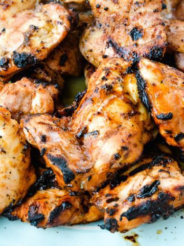 Grill the chicken for 7-10 minutes and then flip. Continue to grill until it reaches an internal temperature of 165 degrees.